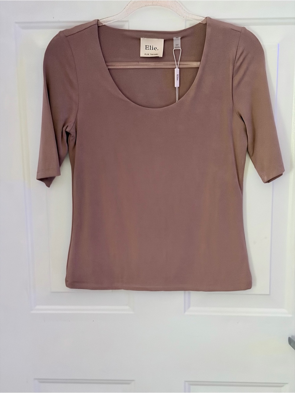 Elie Tahari Short Sleeve Scoop Neck Top in Mauve Taupe